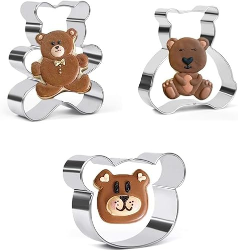 Teddybär Ausstechformen, 3 Stück Edelstahl | Teddybär Gesicht und Bärenformen als Plätzchenausstecher für Fondant und Kuchendeko