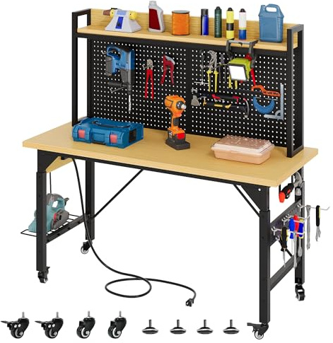 YITAHOME 48 Adjustable Workbench with Pegboard, Wheels, 1600 LB Capacity, Rolling Work Table with AC/USB Outlets, Hooks, and Rack, Heavy-Duty Work Bench for Garage, Workshop, Office