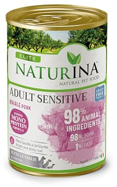NATURINA - Elite húmedo adulto sensible pork para perros adultos con cerdo, sin cereales, para pelo brillante, sin conservantes ni colorantes, para todos los tamaños, fabricado en Italia, 12 latas de