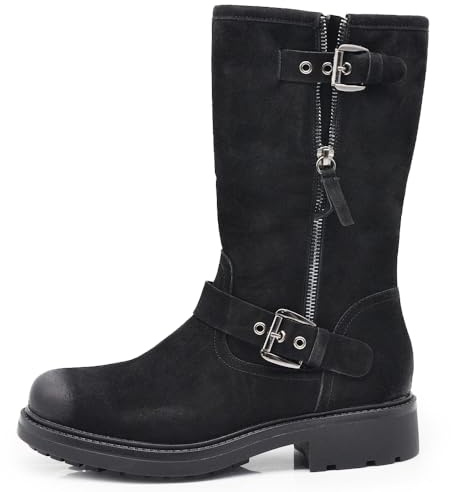 IF Stivali stivaletti biker moto da donna con fibbie e cerniera suola carrarmato casual in camoscio 9Y6036-1 Nero N.39