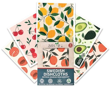 5 PCS Fruit Print Swedish Dishcloths for Kitchen 100% Biodegradable, Reusable Cellulose Sponge Cloths Ultra Absorbent, Eco Friendly Cleaning Towels Dishcloths for Washing Dishes & General Cleaning