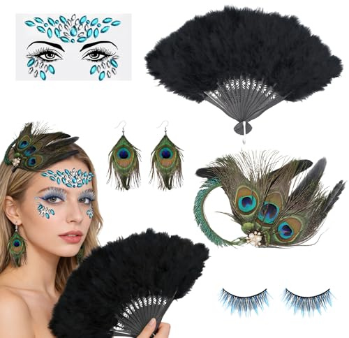 Herbst 5 Stück Pfau Kostüm Damen Mädchen, Karneval Feder | Haarreif Federfächer Ohrringe Wimpern Gesichtsaufkleber, Pfauen Kostüme Accessoires Fasching Mottoparty Halloween Cosplay (A)