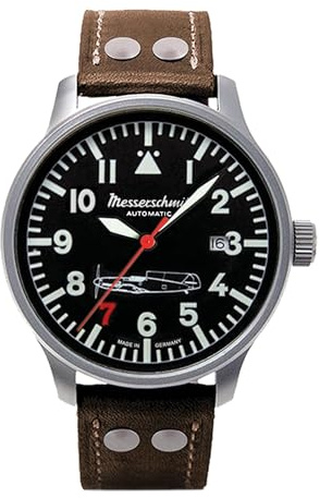 Messerschmitt Herren Fliegeruhr ME-109 109-42R7 - schwarzes Zifferblatt, Fluoreszierende Zeiger, Mineralglas, Edelstahlgehäuse 42 mm, braunes Büffellederband, Automatikwerk
