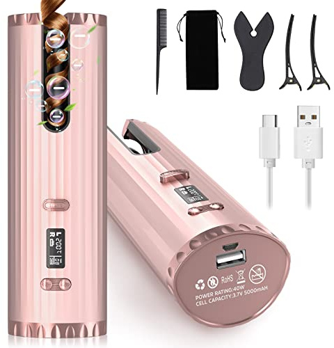 Fer à Friser Automatique, Boucleur a Cheveux Portables, Fer à Boucler Sans Fil Bigoudi Anti-Brûlures, 6 Minuterie/Température, USB Rechargeable, Affichage de LCD, pour Cheveux Longs/Courts Styler