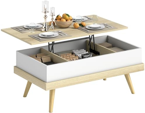 HOMCOM Mesa de Centro Elevable, Mesita de Salón con 3 Compartimientos de Almacenaje Ocultos y Patas de Madera, Mesa de Café para Oficina, Dormitorio, 100x79x54 cm, Natural y Blanco