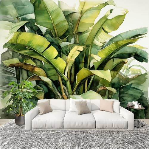 Muralo Carta da Parati 3D in Tessuto Non Tessuto 350x256cm Acquerello Botanica Tema Foglia Di Banano Carta da Parati Poster Verde per Casa Ufficio Camera Da Letto Gabinetto Soggiorno