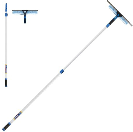 Unger Professional 2-in-1 Squeegee and Scrubber, 14” Window Cleaning Tool and 8’ Connect & Clean Pole, Essential Glass Supplies for Commercial and Residential Use, Microfiber Sleeve