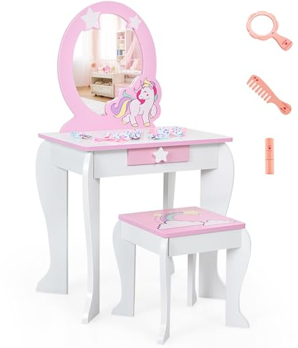 COSTWAY Set Toeletta per Ragazza, Toeletta Trucco per Bambini con Sgabello, Specchio Staccabile e Cassetto, Postazione Trucco in Legno per Cameretta 49.5 x 35.5 x 89cm (Bianco)