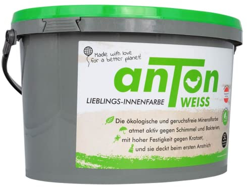 Anton Weiss® Qualitäts Wand/Deckenfarbe weiss | 5L | geruchsfrei & atmungsaktiv | 40m² | Mineralfarbe matt | höchste Deckkraft | beugt Schimmel vor | für alle Wohnräume und Allergiker | Vegan