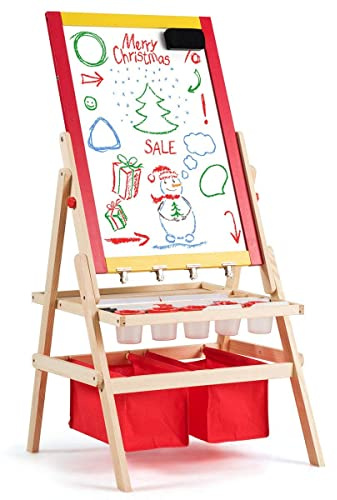 RELAX4LIFE Cavalletto per Bambini, Lavagnetta in Legno di Pino Double Face, Cavalletto Pittura per Bambini con Struttura Triangolare Stabile, Lavagna Multiattività con Lettere, 52,5x51,5x106,5 cm