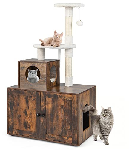 COSTWAY Casa de Madera para Gatos, con Torre Rascadora y Caja de Arena, Todo en 1, con Escondite y División, Mueble para Gatos en Interiores (marrón rústico)