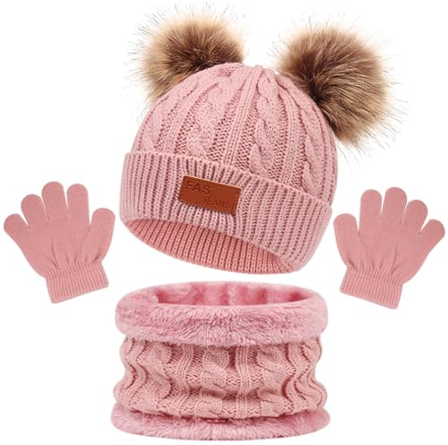 flintronic 3 in 1 Kinder Wintermütze Schal Handschuhe Set, Thermal Knit Mütze Schal Handschuhe Set, Fleece Gefütterte, Winter-Accessoires-Sets für Jungen und Mädchen von 1–5 Jahren, Rosa