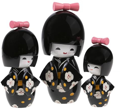 lachineuse Trio Kokeshis Japonaises - Poupées Nippones en Bois - Kimono Noir & Fleurs de Cerisier - Figurines Décoration Japonaise - Kokeshis Traditionnelles Japon - Idée Cadeau Original Déco Asie