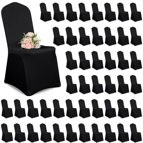 Showgeous 50 Stück Stuhlhussen Schwarz - Polyester Spandex Lycra Stretch - Universelle Waschbare für Hochzeitsfeier, Esszimmer, Bankett Dekoration