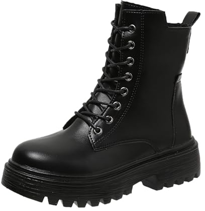 Botas clásicas para mujer de invierno de piel con cordones, monocolor, suela gruesa, medias, informales, cómodas, botas de goma cortas, botas de goma para mujer, Negro , 42 EU