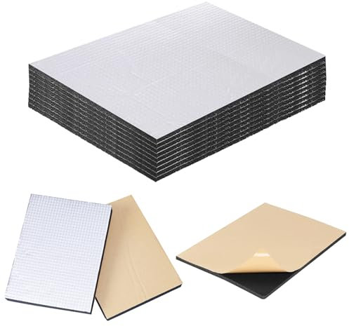Lot de 12 plaques d'Isolant Thermique Phonique Autocollant 40 x 25 cm, 5 MM Tapis Amortisseur Phonique Thermique, Radiator Reflective Foil pour Moteur, Voiture, Porte, Fenetre