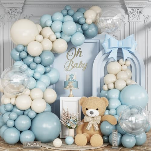 Dusty Baby Blue Balloon Arch Kit, Blue Beige Balloons Garland Slate Fog Baby Blue Ivory White Balloons with 3PCS 18Inch Clear Balloons for Men Boy Baby Shower Christening Birthday Party Decorations