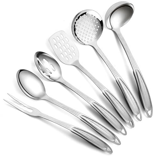 Berglander Juego de utensilios de cocina de acero inoxidable 6 piezas, Juego de utensilios de cocina para cocinar, espumadera, cucharón, cuchara para servir, cuchara ranurada, tenedor para trinchar