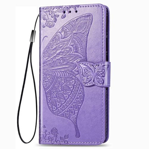 DEDUX Flip plånboksfodral till Samsung Galaxy A17 5G, 3D präglad fjäril ros blomma PU-läder ställ ID kreditkortsfack, folio flipfodral med korthållare. Lila