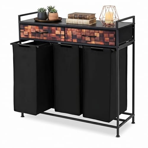 LIFEZEAL Wäschekorb 3 Fächer, Wäschesammler mit Ablage & herausnehmbaren Schubladen, Wäschebox Oxford-Gewebe, Wäschesortierer für Waschraum, Badezimmer (3 x 48 L)