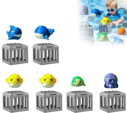 Rubu22a 6 Stück Tauchspielzeug-Set, Bunte Tier-Tauchfiguren mit Käfig, Pool-Tauchspielzeug, Unterwasser Rettung Tauchspielzeug, Sommer Badewanne Unterwasser-Erkundungsspiel (6)