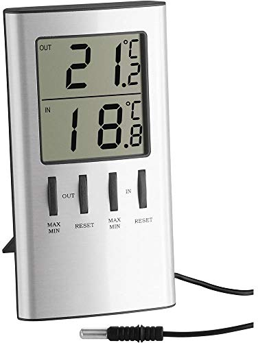 TFA Dostmann Digitales Innen-Außen-Thermometer, Außentemperatur, Innentemperatur, ideal auch für Gefriergerät/Aquarium, 30.1027, Silber-grau