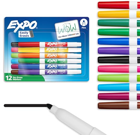 EXPO Dry Erase Markers, Low Odor Ink, Assorted Colors, Fine Tip, 12 Count - Back to School, Teacher, Classroom, Office Supplies