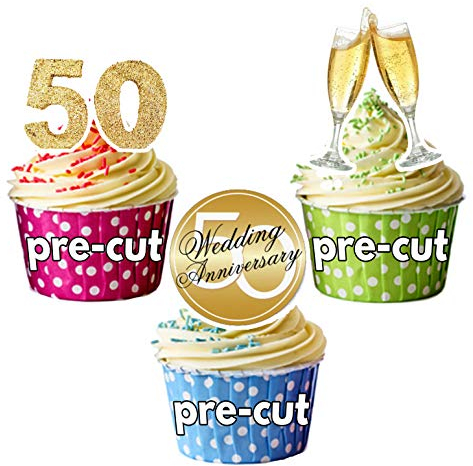 AK Giftshop PRE-CUT Golden / 50th Wedding Anniversary Celebration Mix - Edible Cup Cake toppers Decorations (Pack of 12)