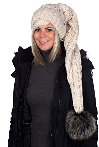 Beanie A 102 Mütze, Zipfelmütze, Pudelmütze, Wintermütze mit großer Fellbommel aus Fellimitat. Extra Lang mit weichem Fleece abgefüttert