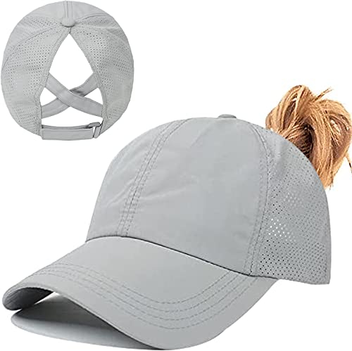 Womens Criss Cross Ponytail Baseball Cap,High Messy Bun Ponycap Quick Drying Mesh Outdoor Sports Hat with Ponytail Hole Adjustable Travel Summer Hat (Light Grey, One Size)