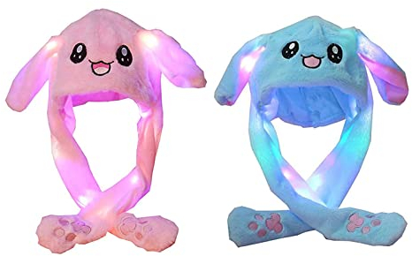 YouYuer 2PCS LED Hasenohren Hut,Plüsch Hase Hüte mit Beweglichen Ohren,Mütze mit Bewegliche Ohrens Hasen Lustige Hüte Lustige Plüsch Mützes mit Ohren Kawaii Plush Mütze Kinder Erwachsene