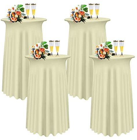 SHUOJIA 1/2/4 Packs Round Cocktail Table Skirt, Spandex Stretch Round Tablecloth Covers with Wavy Drapes, Fitted High Top Cocktail Table Skirt Table Dress for Party Wedding (4Pcs-60cm,Beige)