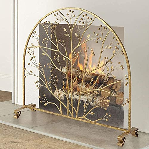 Spark Protection Large Flat Fire Guard Gold Fireplace Screen - Solid Wrought Iron Frame With Metal Mesh, Free Standing Spark Guard, Tall 90cm(35inch) Decoration