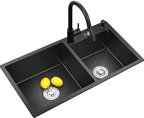LAMEDOAT Küchen-Barspüle, schwarzes Doppelwaschbecken aus Edelstahl, Küchenspüle mit Wasserhahn und Abfluss, Montage Oben oder unten (Farbe: Schwarz, Größe: 81 x 43 x 21 cm)