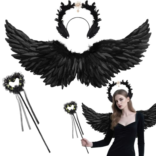 Conjunto de alas de ángel Negras, alas de ángel diabólico de 80 cm con Aureola de ensueño para Adultos, Disfraz de ángele Halloween para Mujer,diabólico Negras para Carnaval, Fiesta de Disfraces