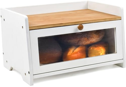 Maison Des Cadeaux Two Tone Bamboo Wood Bread Bin Food Storage Kitchen Countertop with Top Shelf