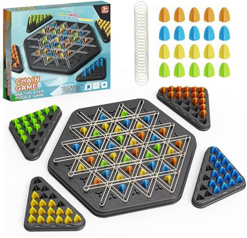 KAHEIGN Chain Triangle Chess Game, 22CM Interactive Peg Board Game Brain Teaser Strategy Toy with 84Pcs Chessman, 44Pcs Rubber Bands - Family Chessboard Games for 2 to 4 Players, Ages 3+