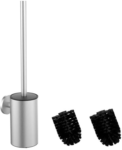 Mozmmhi Spazzola per WC in acciaio inox 304, set per WC con montaggio a parete e porta scopino – Include 2 testine (Round Silver)