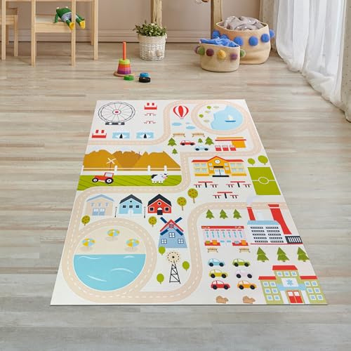 Teppich-Traum Kinderteppich Stadtmotiv Straßen Häuser Beige 80x150 cm | Pflegeleicht, rutschfest, strapazierfähig, hautsympathisch und schadstofffrei, mit Straßen, Häusern, Parks und Verkehr
