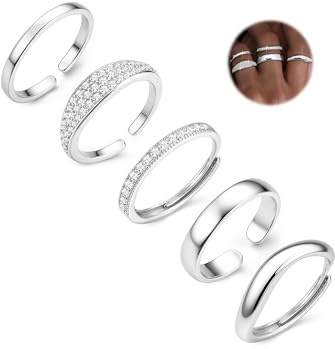 CASSIECA 5Pcs Bague Argent pour Femme, Bagues Réglable Zircone Cubique Plaqué Or 14K Pouce Bague de Fiançailles Femme Bagues Promesse Mariage Argent Cadeau Femmes