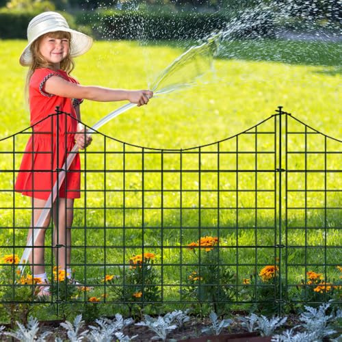 Jaxguom Teichzaun Gartenzaun Steckzaun Komplettset Metall 5 Zaunelemente Länge 3,74 m, Inkl 6 Befestigungsstäbe, Hundezaun, Gitterzaun Set für Tierbarriere (Unterbogen,Grün)