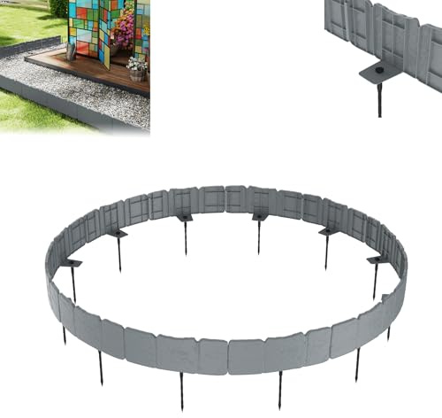 UISEBRT 5m Rasenkante Kunststoff mit Erdanker 25x10cm, Gartenpalisade Beetzaun in Steinoptik, Beeteinfassung und Mähkante, Rasenkanten Garden Edging für Blumenbeet und Gartenumrandung, Grau