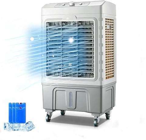 IYUESQ Enfriador de Aire evaporativo portátil de 150 W para Espacios Grandes y Exteriores, Tanque de Agua de 50 L, Incluye 6 Paquetes de Hielo y Control Remoto.