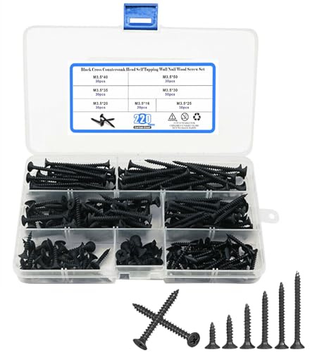 220 Pcs M3.5 Self Tapping Screws, Black Pan Head Phillips Drive Self Drilling Screws for Wood, Metal, Plastic, DIY & Professional Use with Storage Box