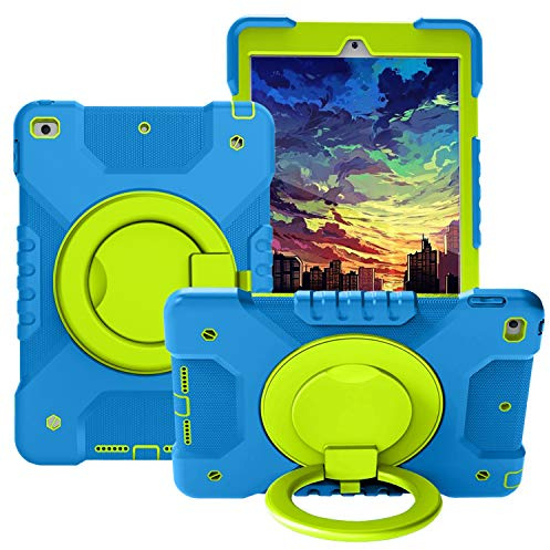 Resa med surfplatta Tablet Väska till iPad 10.2 2019/2020, Barn Slitstarkt stötskyddat skyddskåpa, med vikhandtag, roterande kickstand, bär axelrem Surfplatta skydd(Blue+grass green)