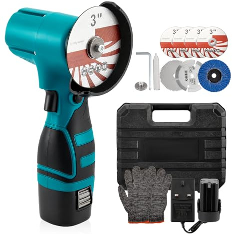Mini Cordless Angle Grinder, Corded Cutting Grinding Polishing, with Disc, 8 Cutting Discs, 2pcs Batteries,Side Handle, Cordless Angle Grinder Tool Kit for Cutting Polishing and Grinding (Blue)