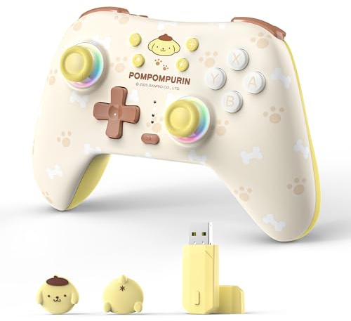 Kuitmor Wireless PC Controller mit RGB, Hall Effekt Joysticks, 1000 Hz Abfragerate, Turbo, Remappable Buttons, Kompatibel mit PC/Switch/iOS/Android/Linux (Gelb Pompompurin, Mit Empfänger)