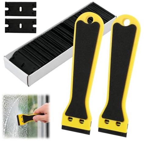 2 Piezas Raspador de Plástico con 100 Cuchillas de Repuesto,Schaber，EVA Antideslizante para Retirar Pegamento,Adhesivos,Pintura,Etiquetas y Calcomanías,Amarillo