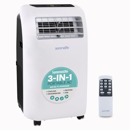 SereneLife Aire acondicionado portátil 4 kW 9000 BTU – L52 dB Aire acondicionado silencioso para dormitorios de hasta 20 m², agradable refrigeración en días calurosos, con deshumidificador, ventilador