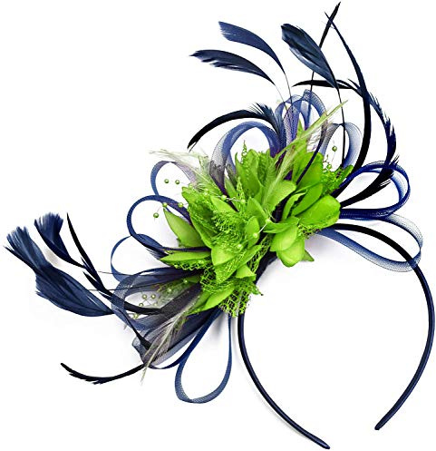 Marinblå och grön fjäder hår fascinator pannband bröllop och kungliga Ascot races damer, BLÅ
